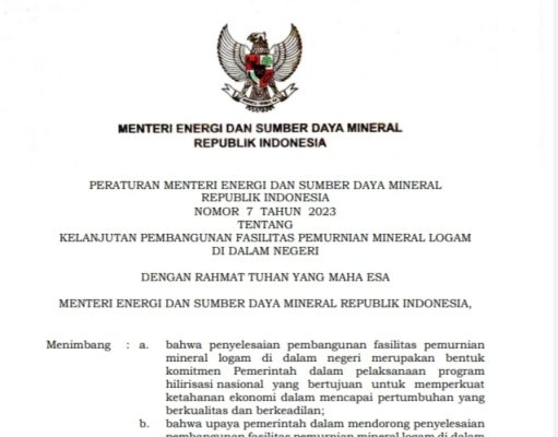 Menteri ESDM Keluarkan Kepmen 7/2023 tentang Kelanjutan Pembangunan Pemurnian Mineral Logam