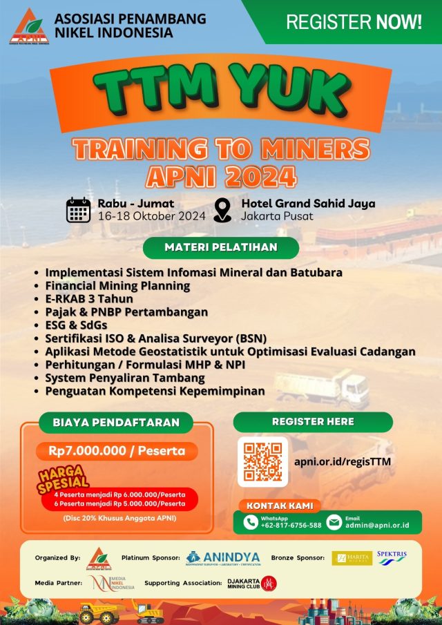 Asosiasi Penambang Nikel Indonesia (APNI) akan menyelenggarakan Training to Miners 2024 (TTM 2024). (Dok. APNI) Asosiasi Penambang Nikel Indonesia (APNI) akan menyelenggarakan Training to Miners 2024 (TTM 2024). (Dok. APNI)