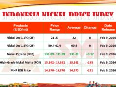 INPI 9 Februari 2026: Harga Bijih Naik Tipis, MHP dan Nickel Matte Turun lebih US$1.000/dmt