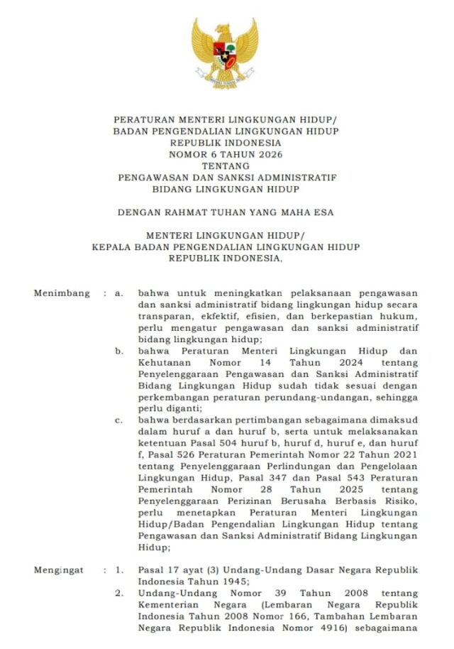 Permen LH BPLH Nomor 6 Tahun 2026